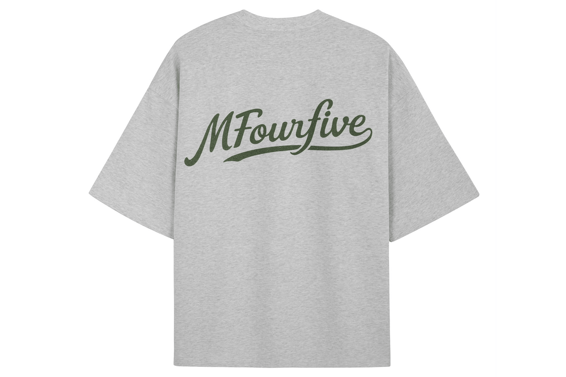 Mfourfive Grey Green Script Logo Tee